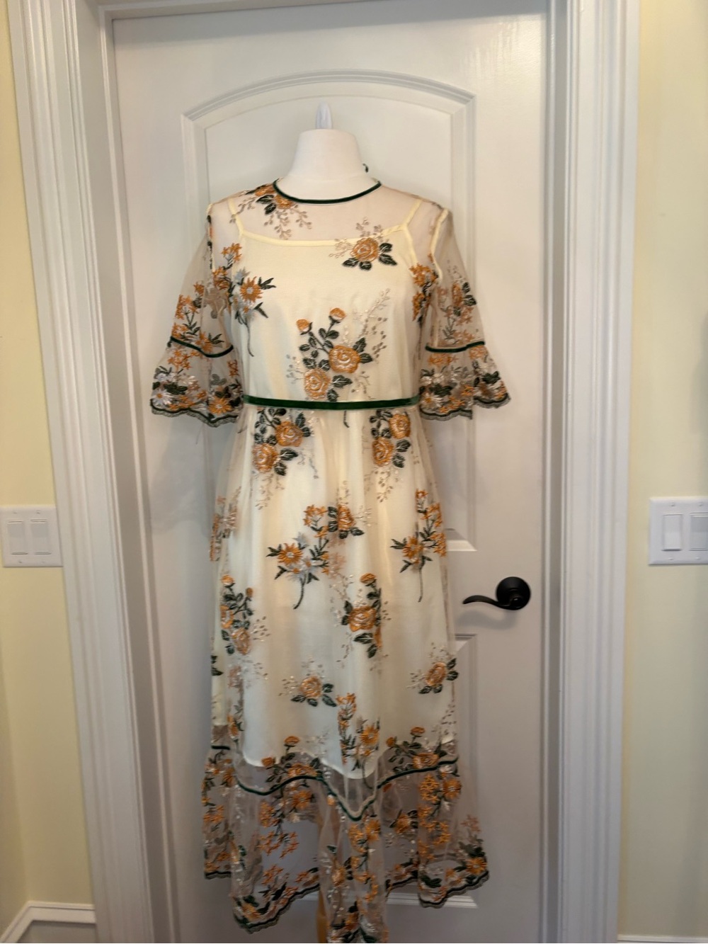 Shiran Fushi Cream Slip Dress with Gold & Green Floral Embroidered Net Overlay